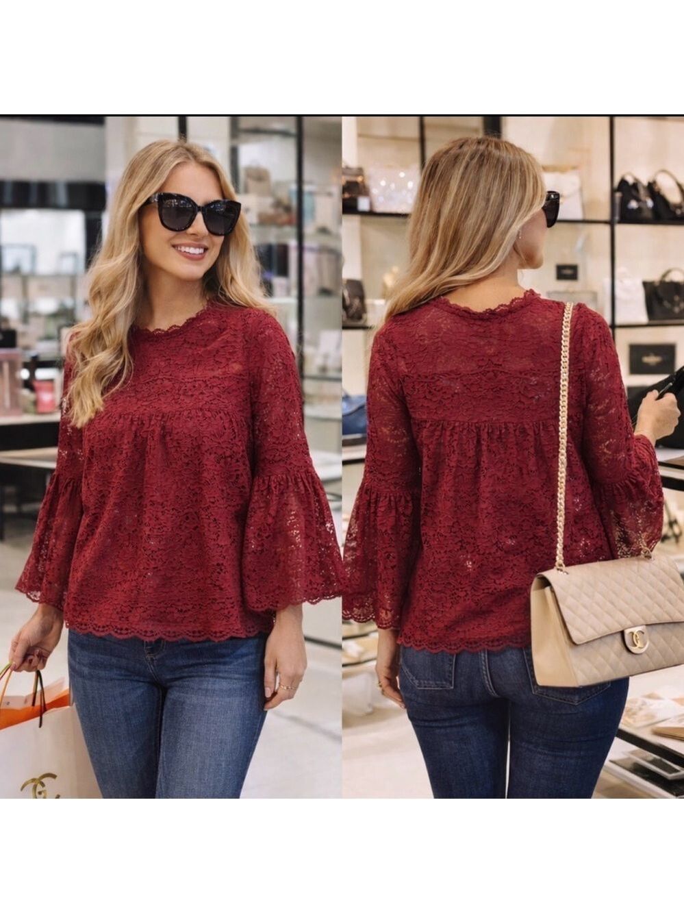 COCO + JAIMESON RED BURGANDY LACE BELL SLEEVE BLOUSE BOHO ROMANTIC TOP NWT SMALL